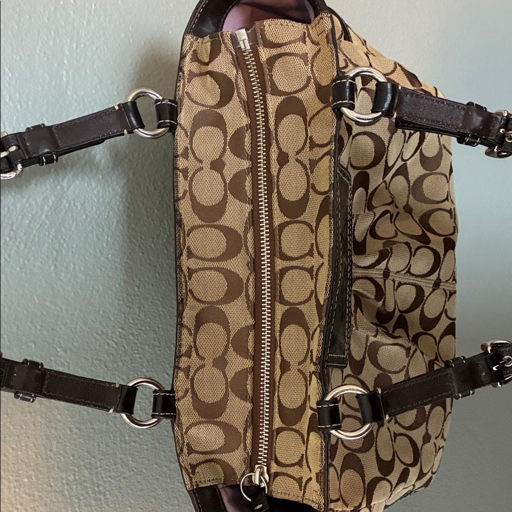 Coach Tan and Brown Signature Pleated Gallery Shoulder Handbag Tote - Picture 8 of 15
